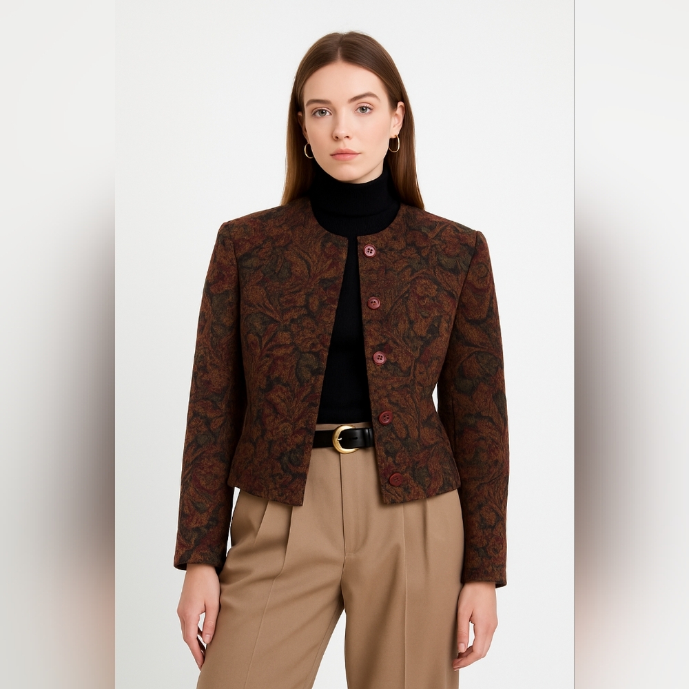 Vintage 90s Traditions Petite 10P Floral Tapestry Blazer Jacket Square Buttons